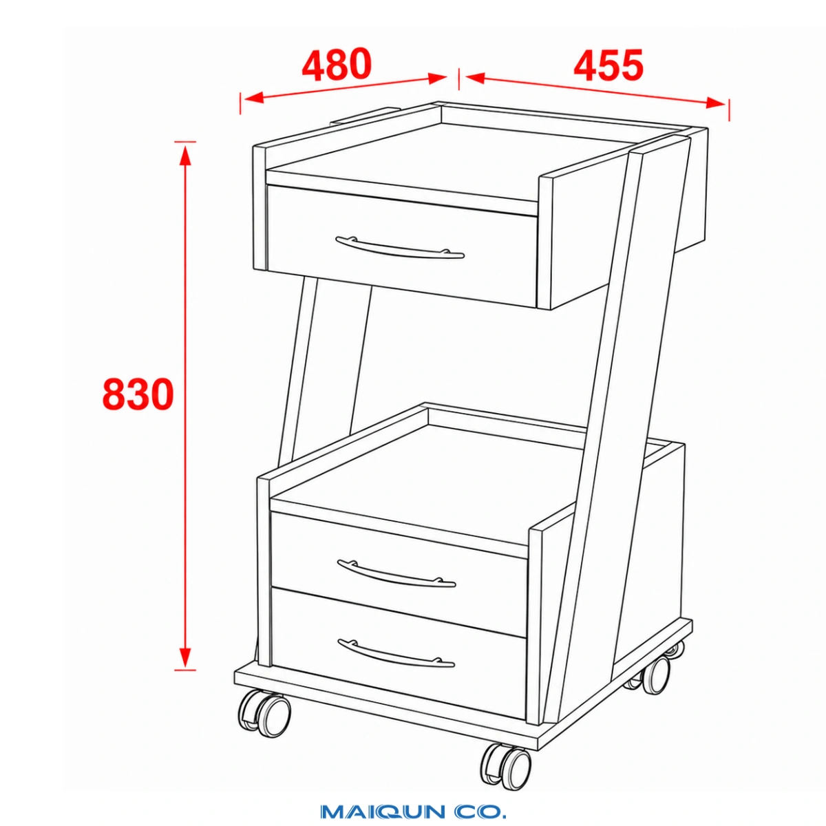 MQ-G008 Compact 3-Drawer Dental Cart with Rear Power Access - Image 4